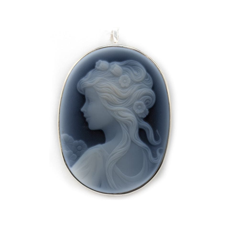 Lady with Flowers Cameo in Sterling Silver and Blue Agate