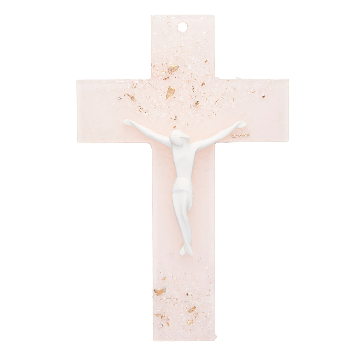 Light Pink Murano Glass Crucifix with White Resin Corpus Modern Style
