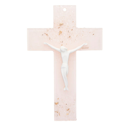 Light Pink Murano Glass Crucifix with White Resin Corpus Modern Style