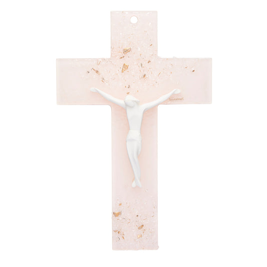 Light Pink Murano Glass Crucifix with White Resin Corpus Modern Style