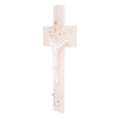 Light Pink Murano Glass Crucifix with White Resin Corpus Modern Style