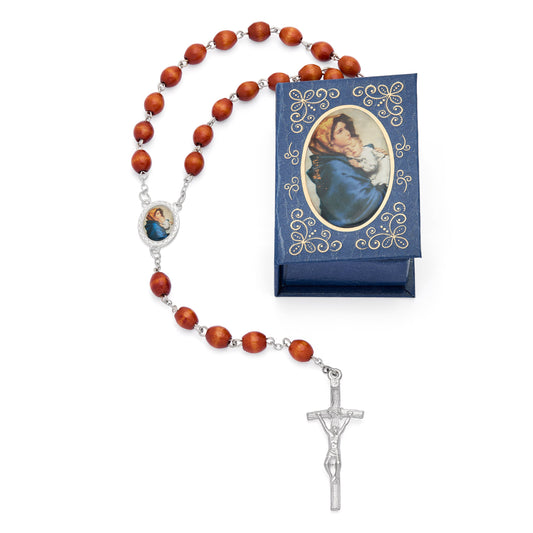 Madonnina of Ferruzzi Blue Rosary Case with Wood Rosary