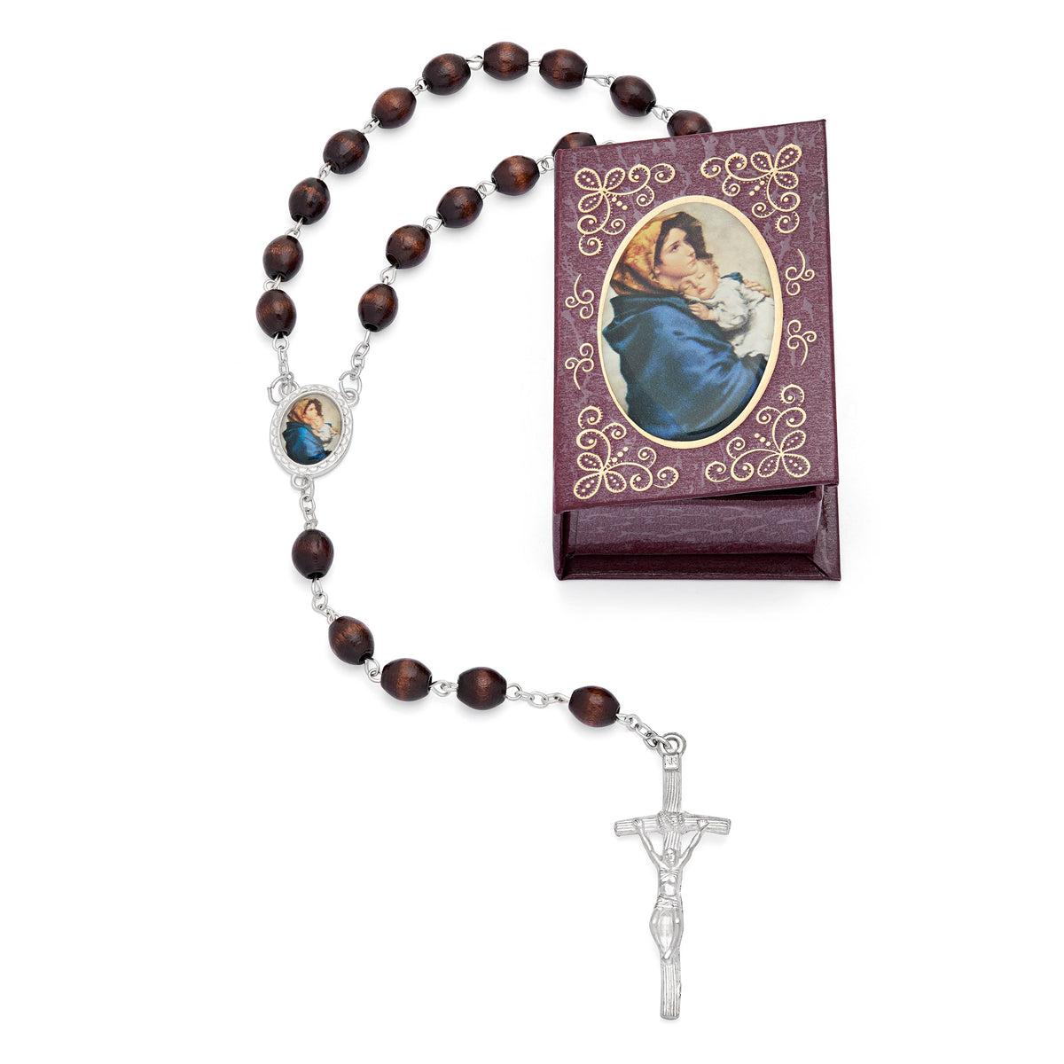 Madonnina of Ferruzzi Brown Rosary Case with Wood Rosary