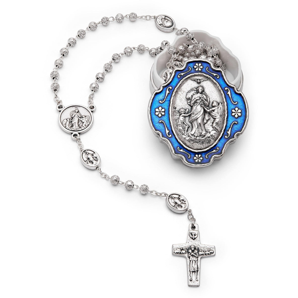 Blue Enameled Mary Untier of Knots Rosary Case With Rose-shaped Beads Rosary