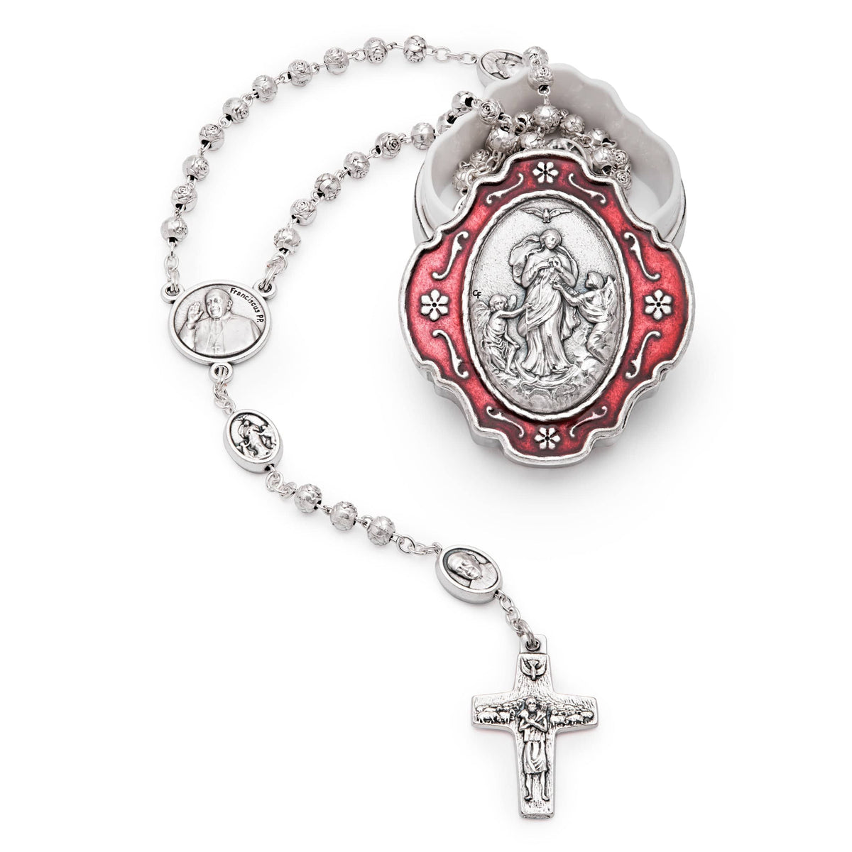 Red Enameled Mary Untier of Knots Rosary Case With Rose-shaped Beads Rosary