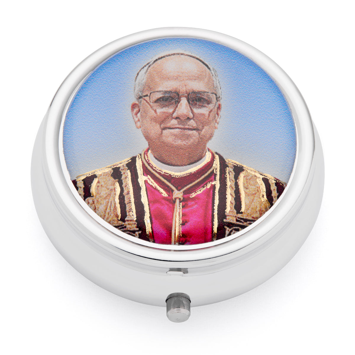 Metal Pope Leo XIV Rosary Case with Light Pink Rosary