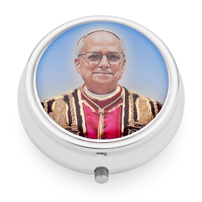 Metal Pope Leo XIV Rosary Case with Light Pink Rosary