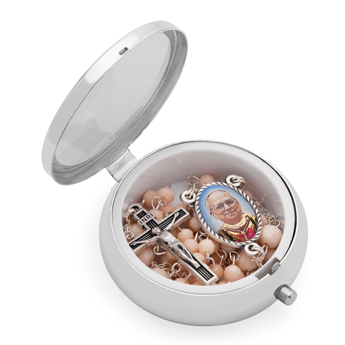 Metal Pope Leo XIV Rosary Case with Light Pink Rosary