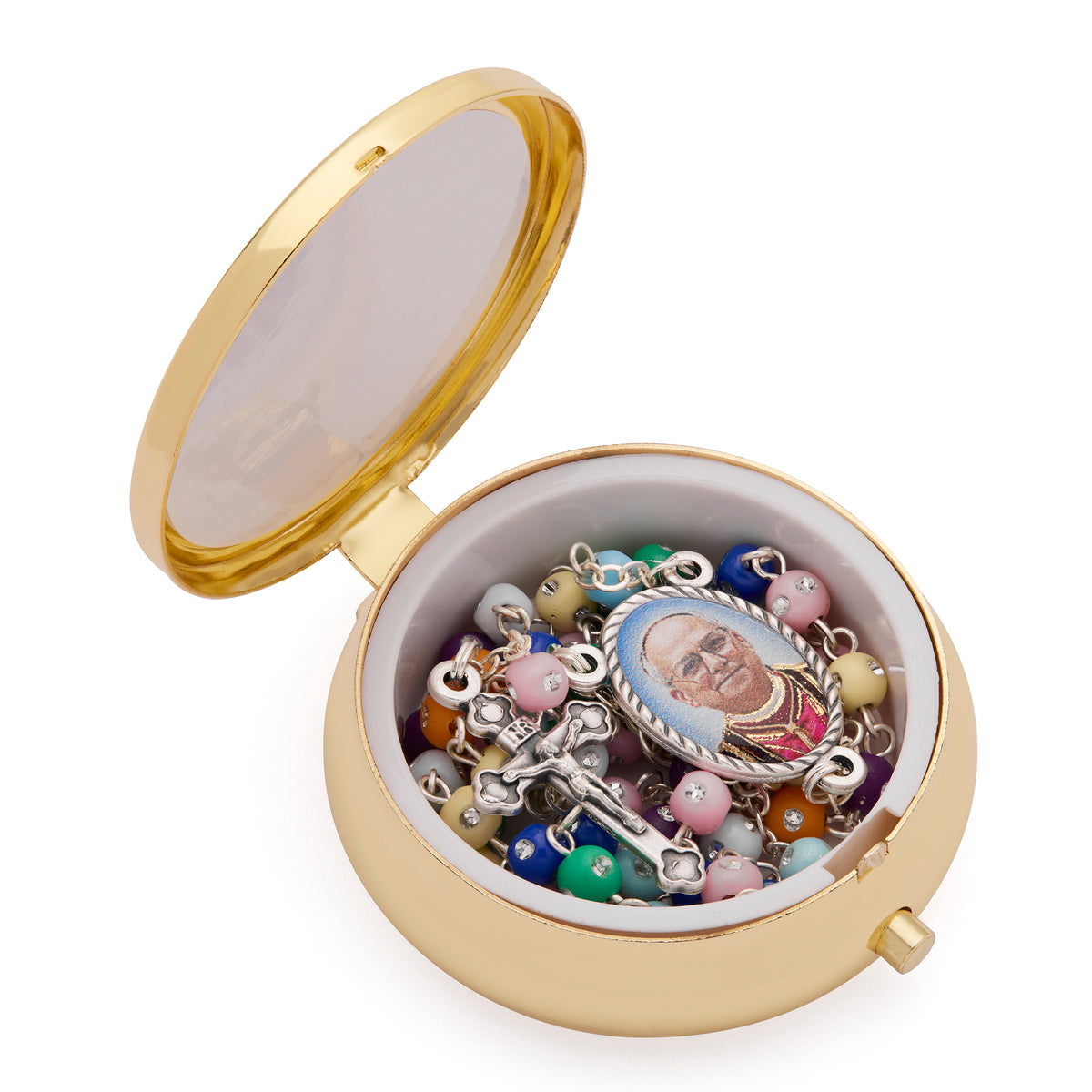 Gold-Tone Metal Pope Leo XIV Rosary Case with Multicolor Rosary