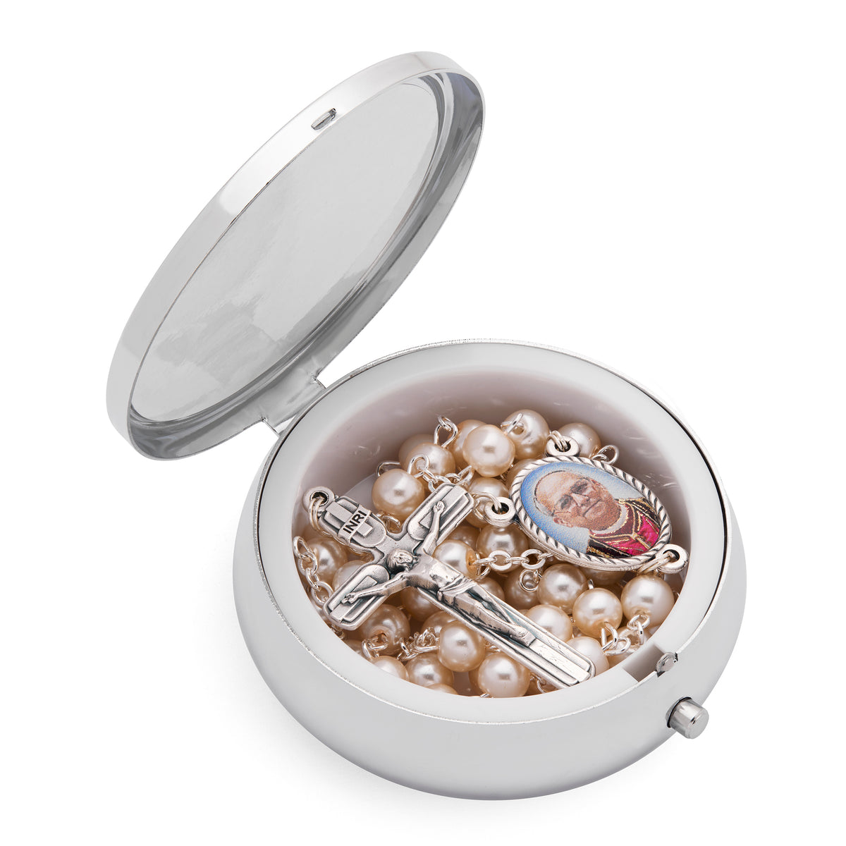 Metal Pope Leo XIV Rosary Case with Synthetic Pearl Rosary