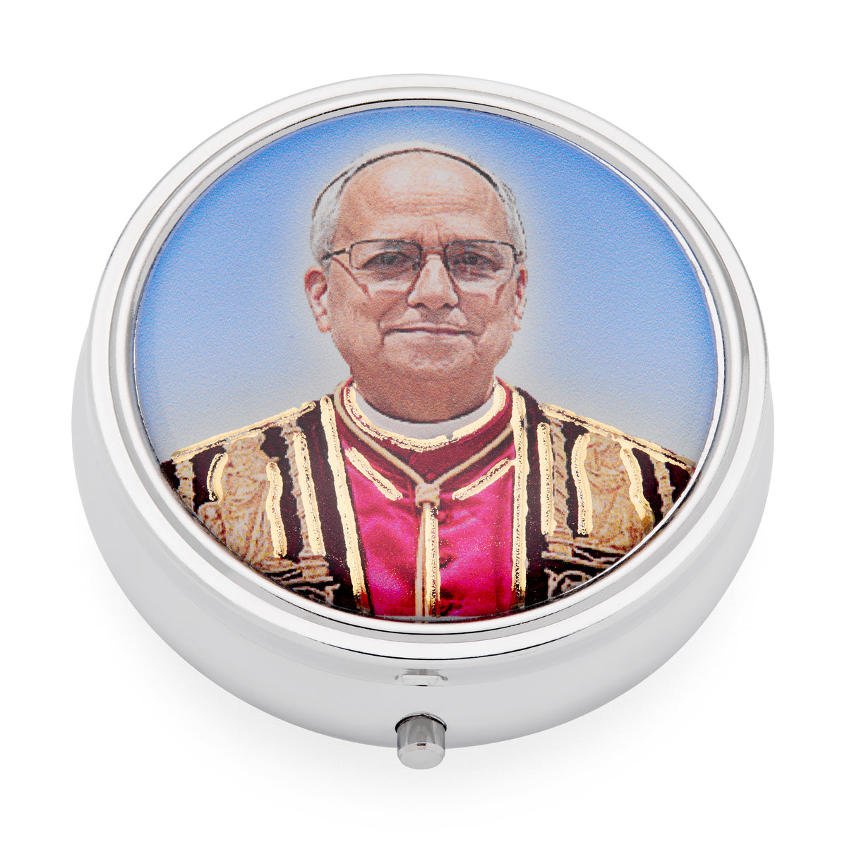 Metal Pope Leo XIV Rosary Case with Synthetic Pearl Rosary