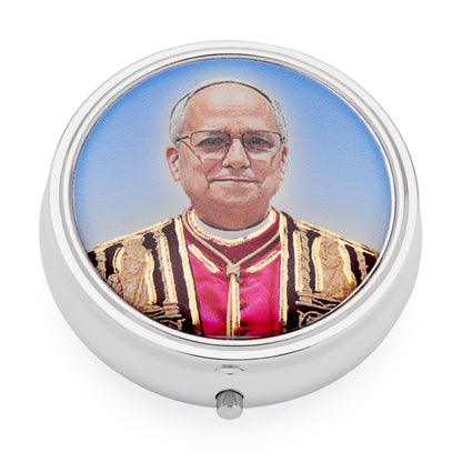 Metal Pope Leo XIV Rosary Case with Synthetic Pearl Rosary