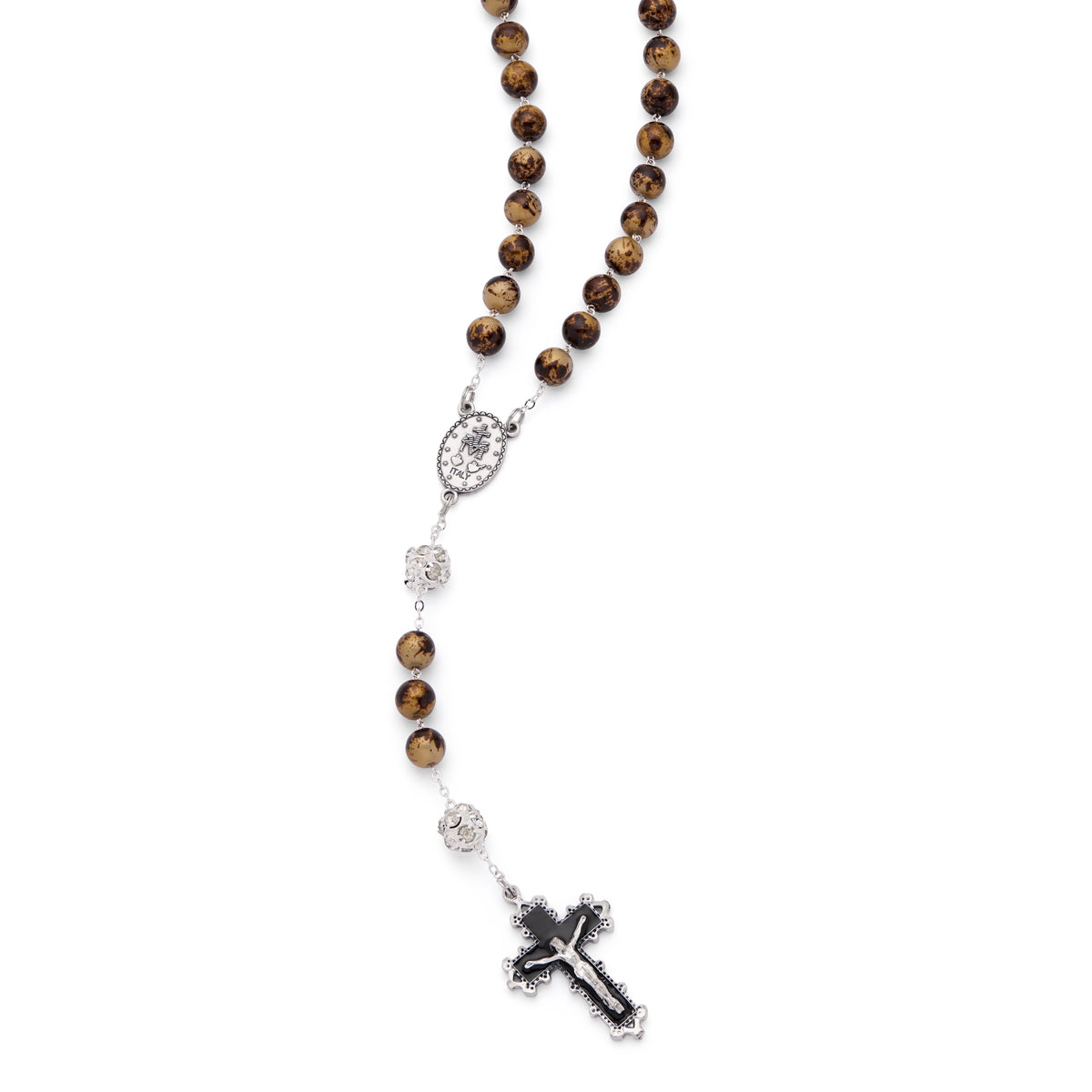 Metal Rosary with Brown and Gold-Tone Marble Effect Beads and Rhinestones Beads