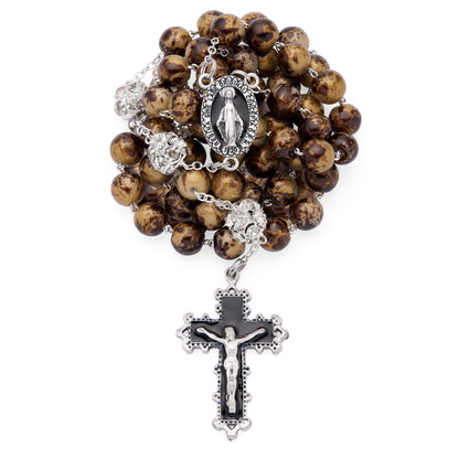 Metal Rosary with Brown and Gold-Tone Marble Effect Beads and Rhinestones Beads