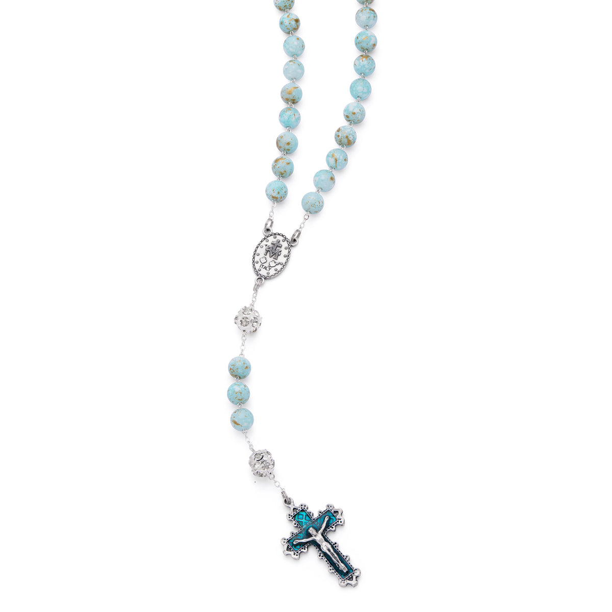 Metal Rosary with Light Blue Marble Effect Beads and Rhinestone Beads