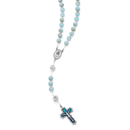 Metal Rosary with Light Blue Marble Effect Beads and Rhinestone Beads