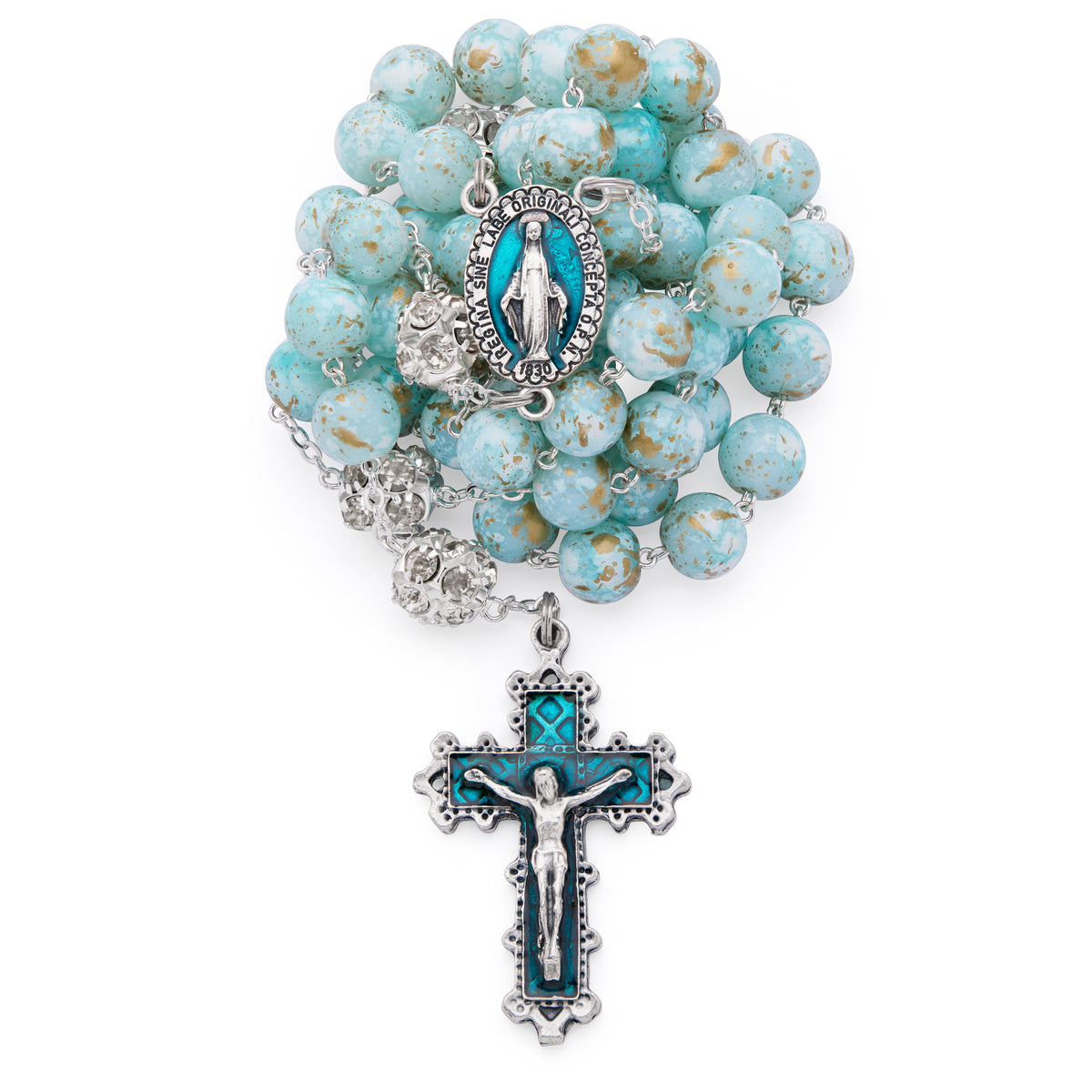 Metal Rosary with Light Blue Marble Effect Beads and Rhinestone Beads