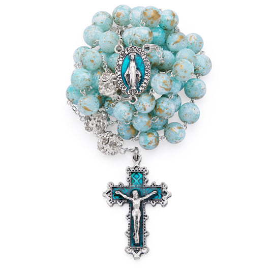 Metal Rosary with Light Blue Marble Effect Beads and Rhinestone Beads