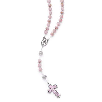 Metal Rosary with Light Pink Marble Effect Beads and Rhinestone Beads