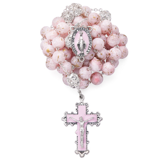 Metal Rosary with Light Pink Marble Effect Beads and Rhinestone Beads