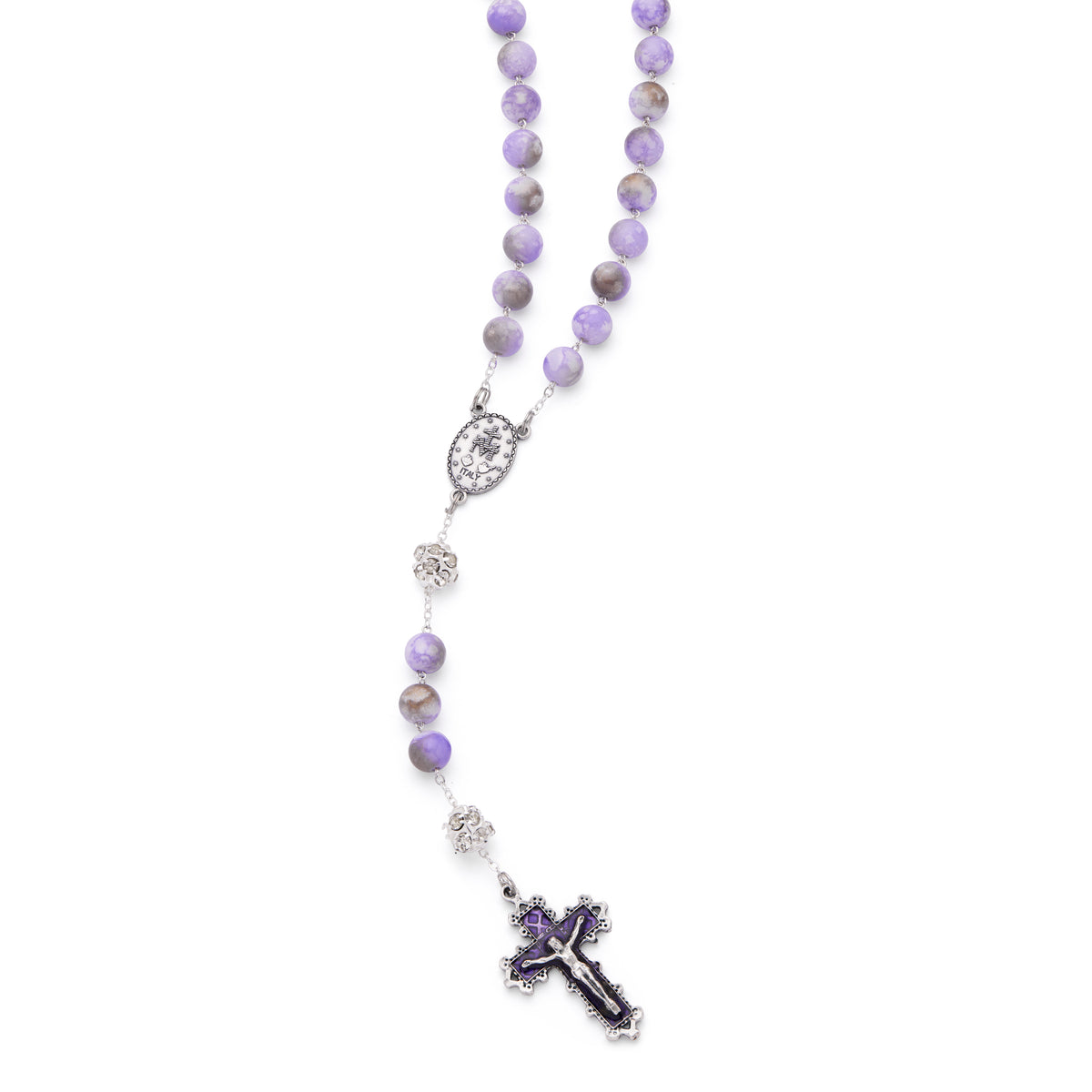 Metal Rosary with Light Purple Marble Effect Beads and Rhinestone Beads