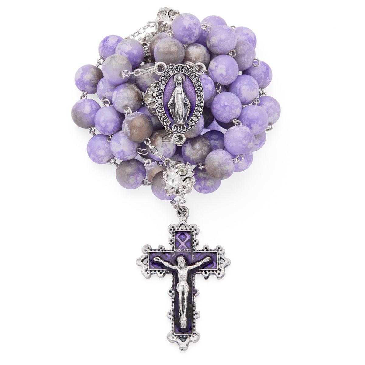 Metal Rosary with Light Purple Marble Effect Beads and Rhinestone Beads