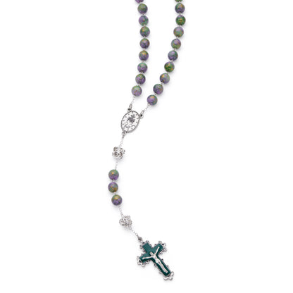Metal Rosary with Purple and Green Marble Effect Beads and Rhinestone Beads