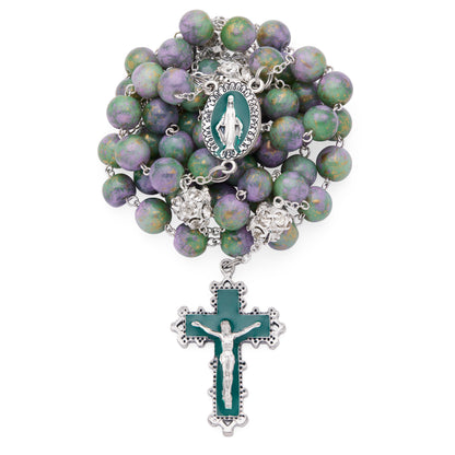 Metal Rosary with Purple and Green Marble Effect Beads and Rhinestone Beads