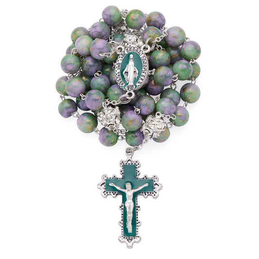 Metal Rosary with Purple and Green Marble Effect Beads and Rhinestone Beads