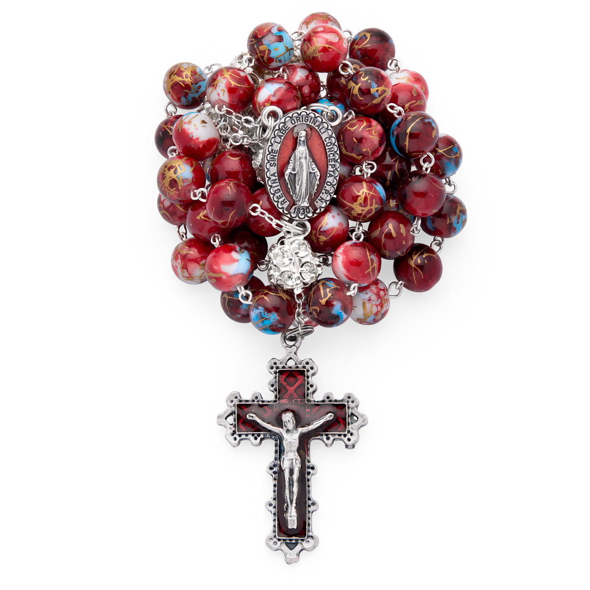 Metal Rosary with Red and Blue Marble Effect Beads and Rhinestone Beads