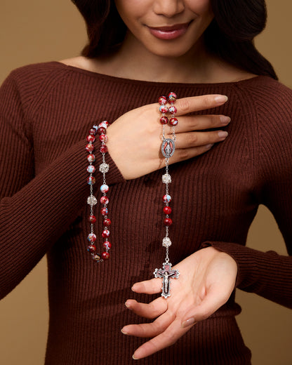 Metal Rosary with Red and Blue Marble Effect Beads and Rhinestone Beads