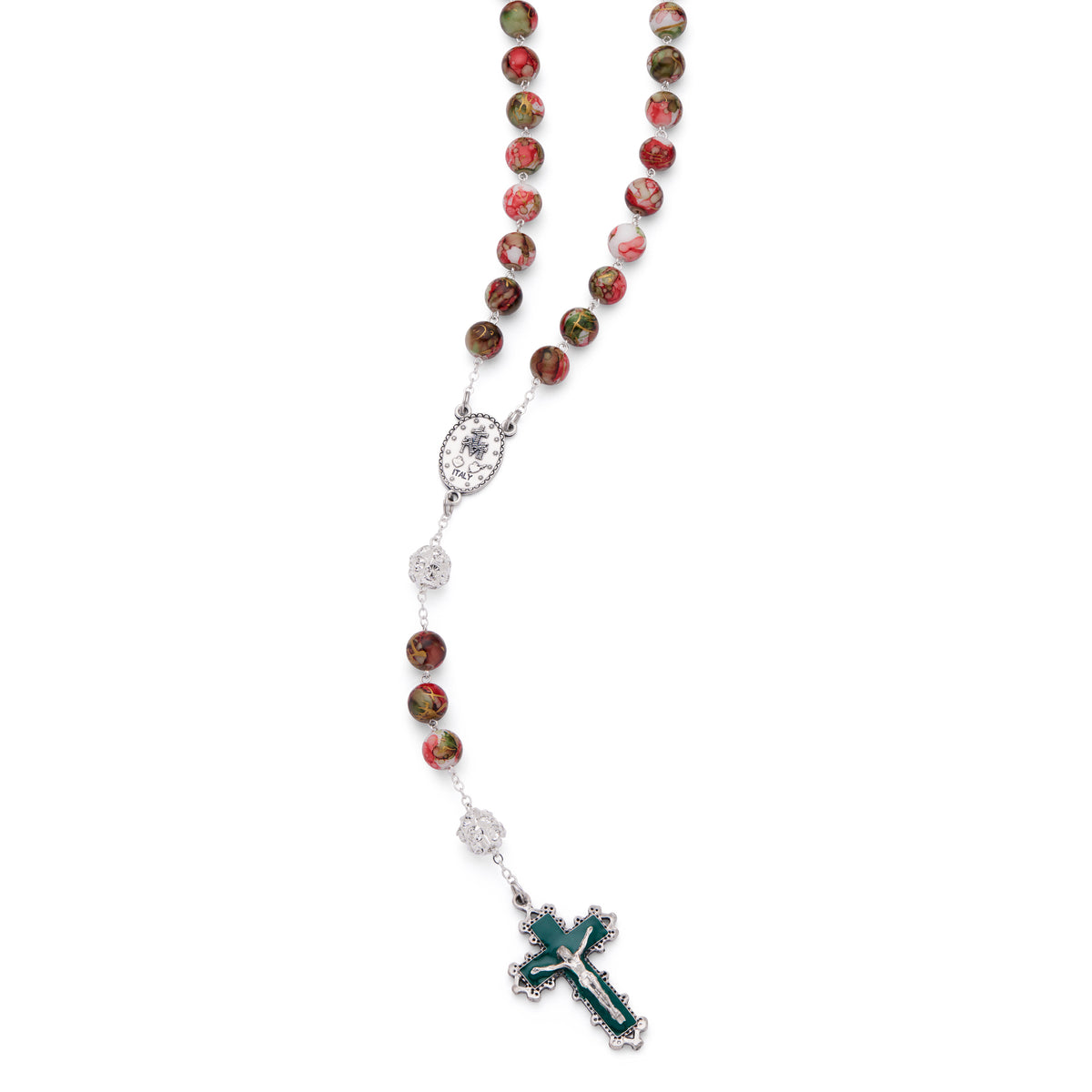 Metal Rosary with Red and Green Marble Effect Beads and Rhinestone Beads