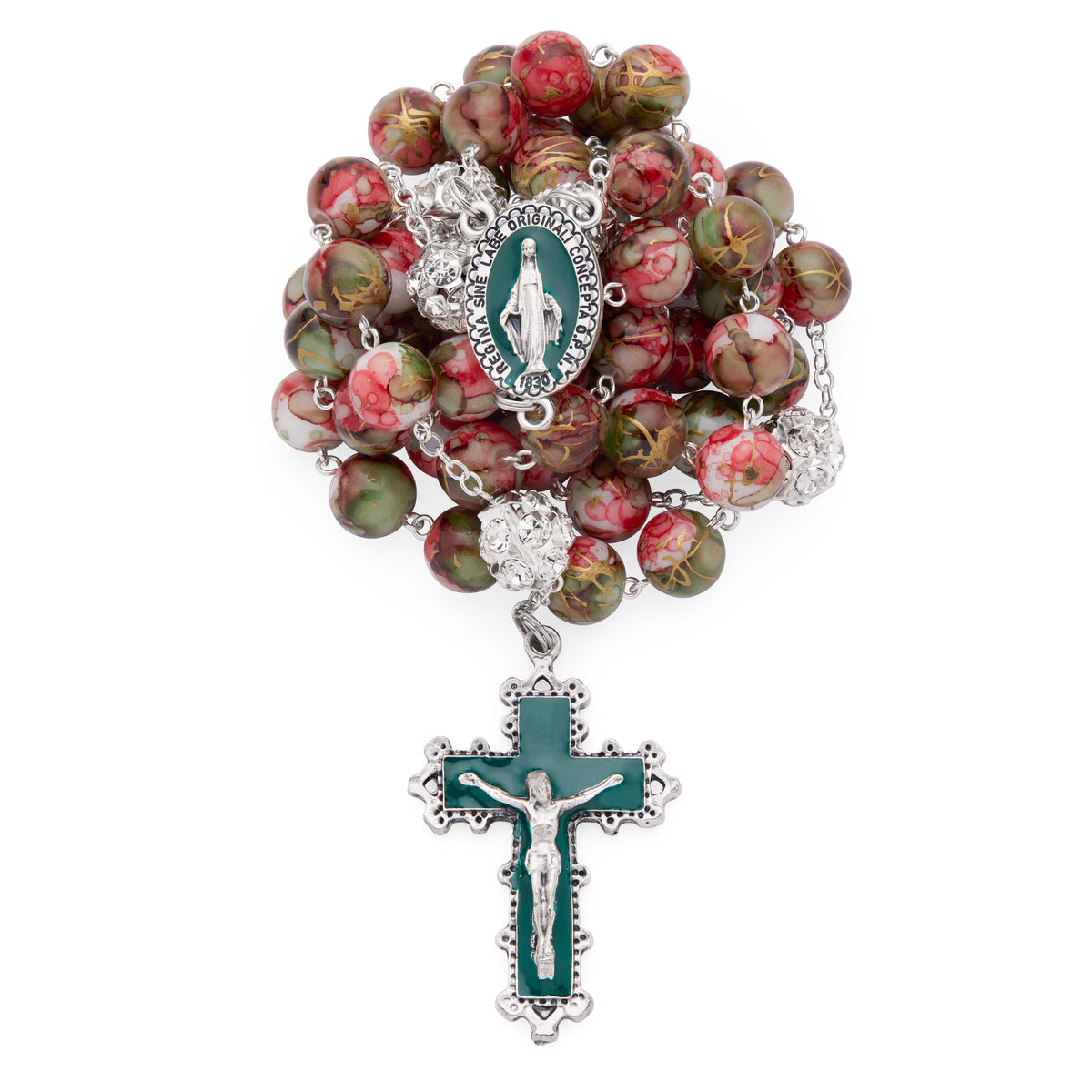 Metal Rosary with Red and Green Marble Effect Beads and Rhinestone Beads