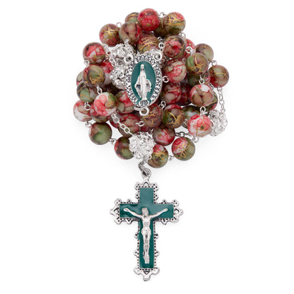 Metal Rosary with Red and Green Marble Effect Beads and Rhinestone Beads