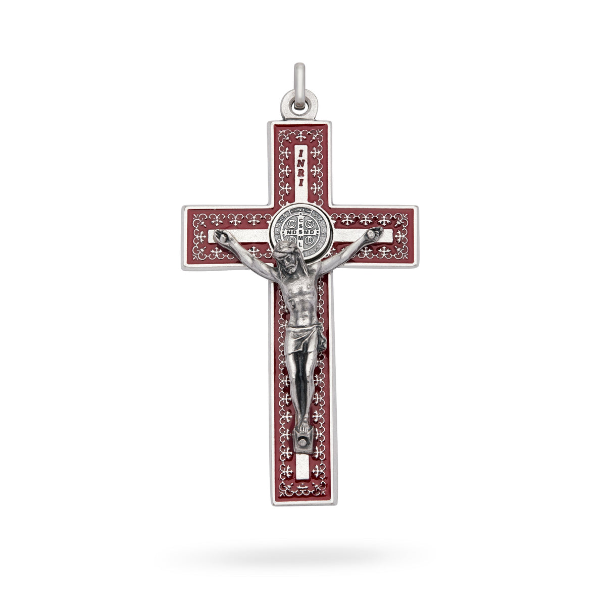 Metal St. Benedict Crucifix Pendant with Red Enamel and Decorative Details