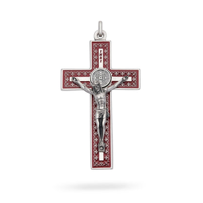 Metal St. Benedict Crucifix Pendant with Red Enamel and Decorative Details
