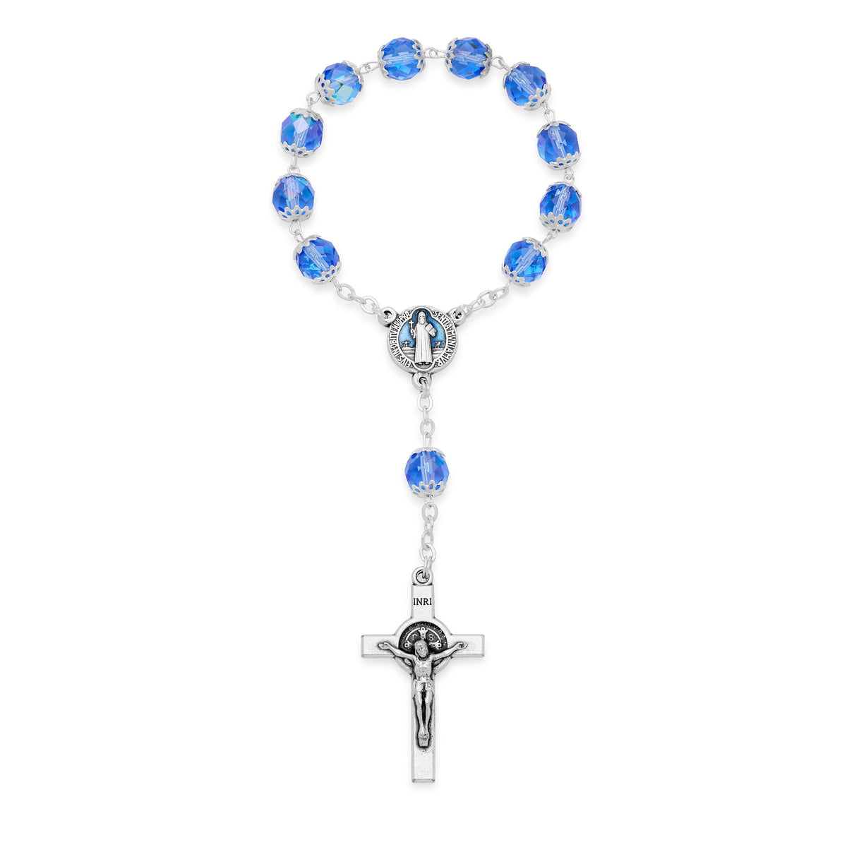 Metal St. Benedict Decade Rosary With Sapphire Tangled Beads