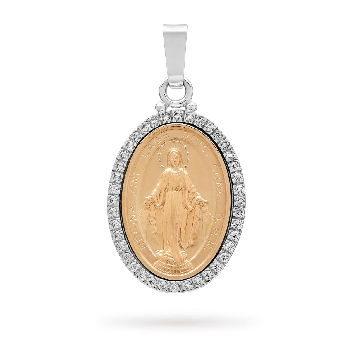 Yellow and White Gold Miraculous Medal with Cubic Zirconia and Smooth Bail
