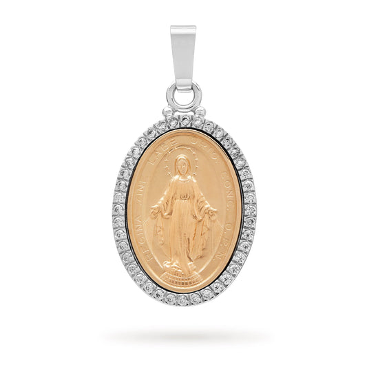 Yellow and White Gold Miraculous Medal with Cubic Zirconia and Smooth Bail