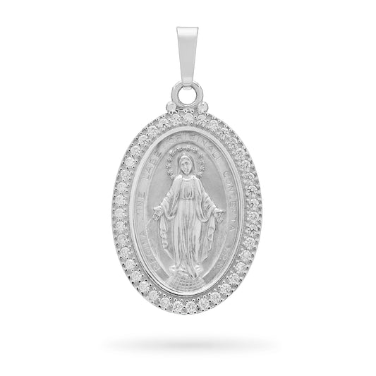 White Gold Miraculous Medal with Cubic Zirconia and Polished Bail