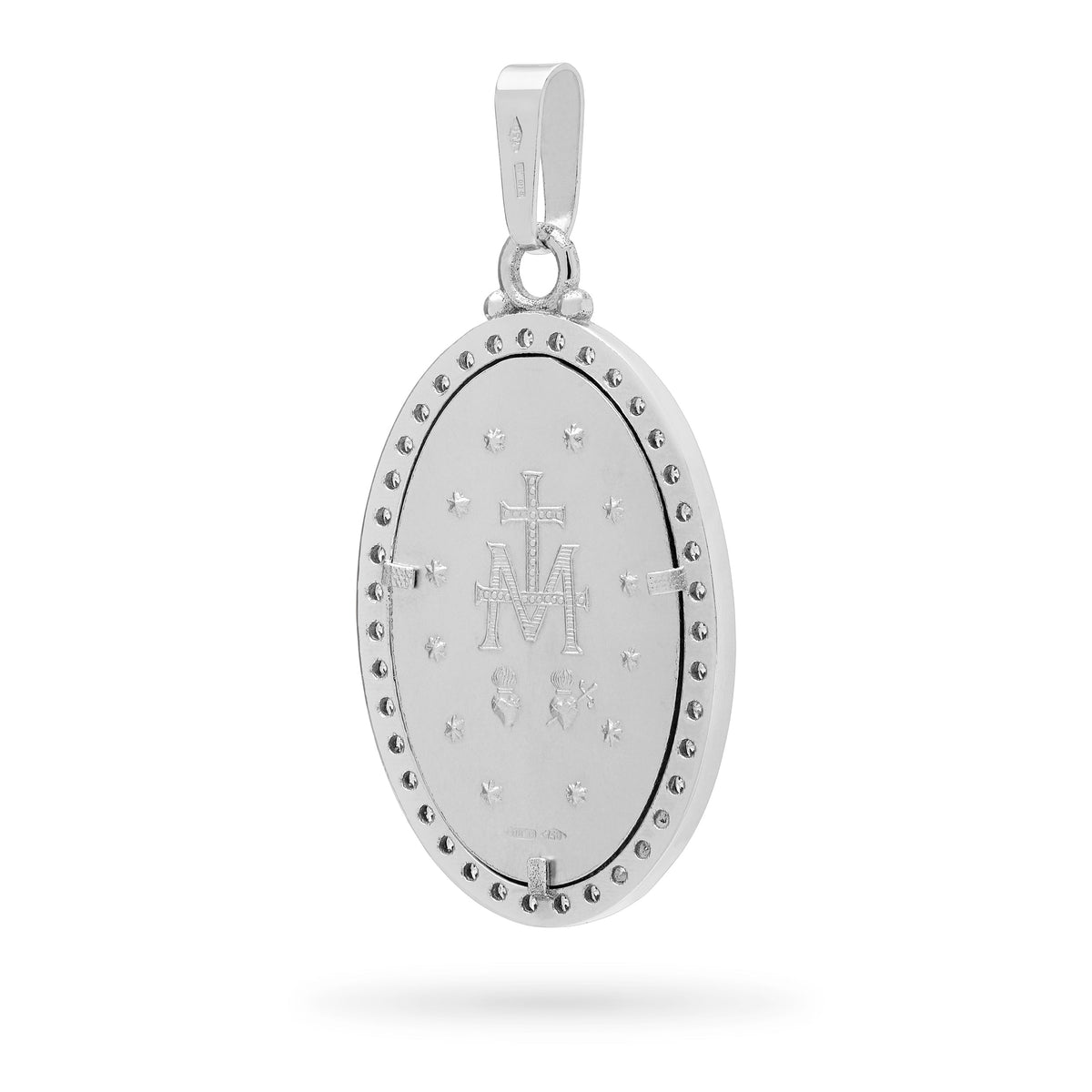 White Gold Miraculous Medal with Cubic Zirconia and Polished Bail