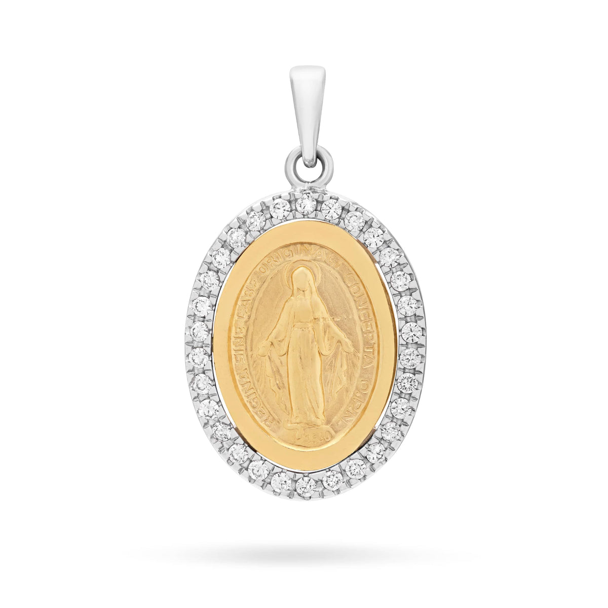 Yellow and White Gold Miraculous Medal with Cubic Zirconia and Polished Bail