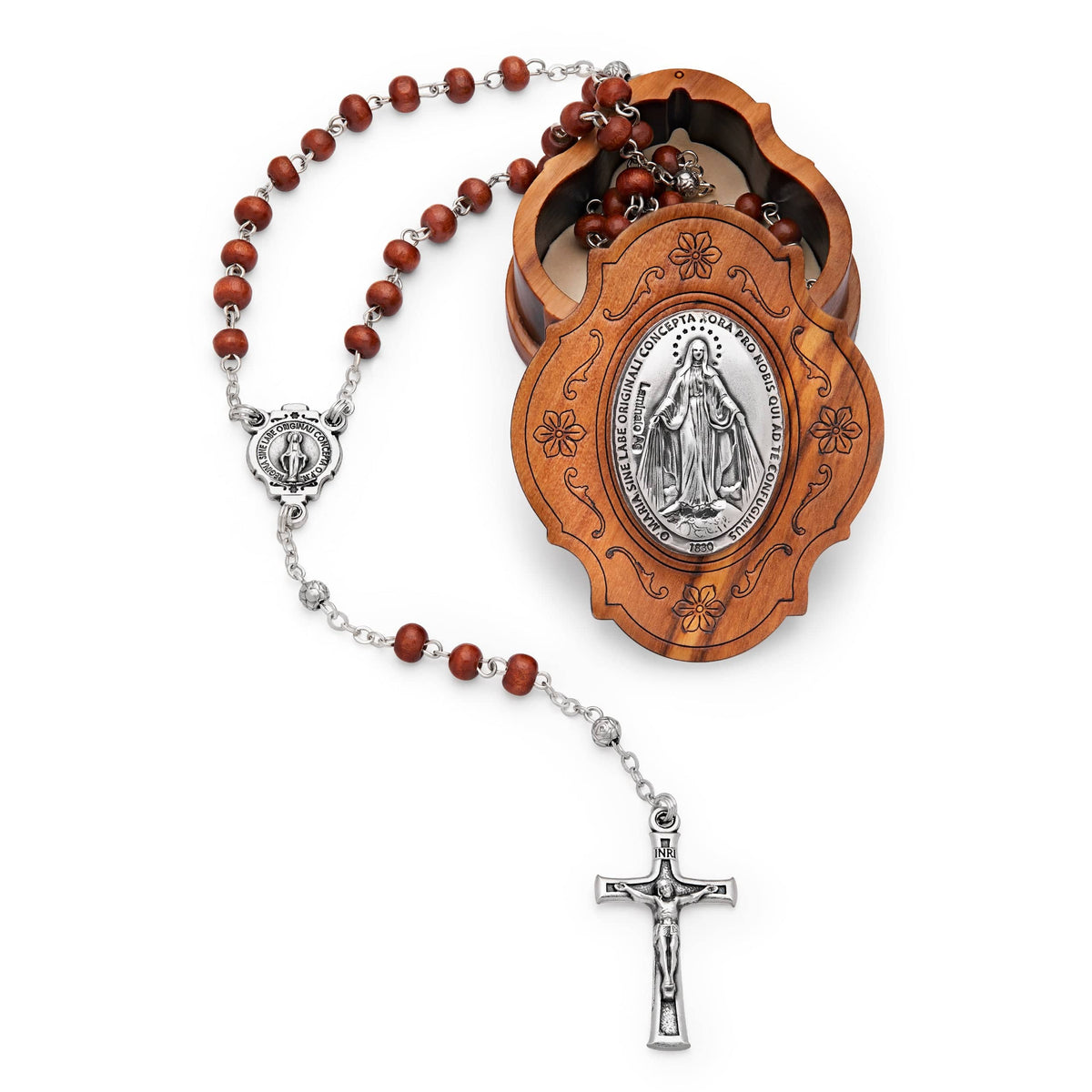 Olive Wood Our Lady of the Miraculous Medal Rosary Case With Wood Rosary