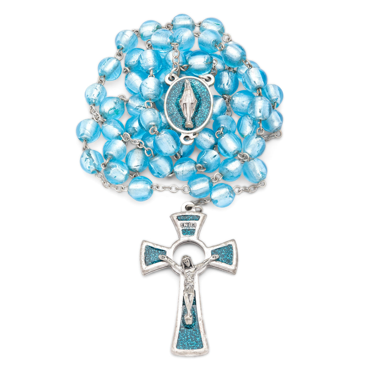 Miraculous Virgin Mary Rosary in Aquamarine Murano Glass