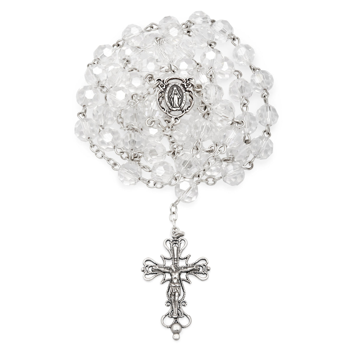 Miraculous Virgin Mary Rosary in Sterling Silver and Crystal