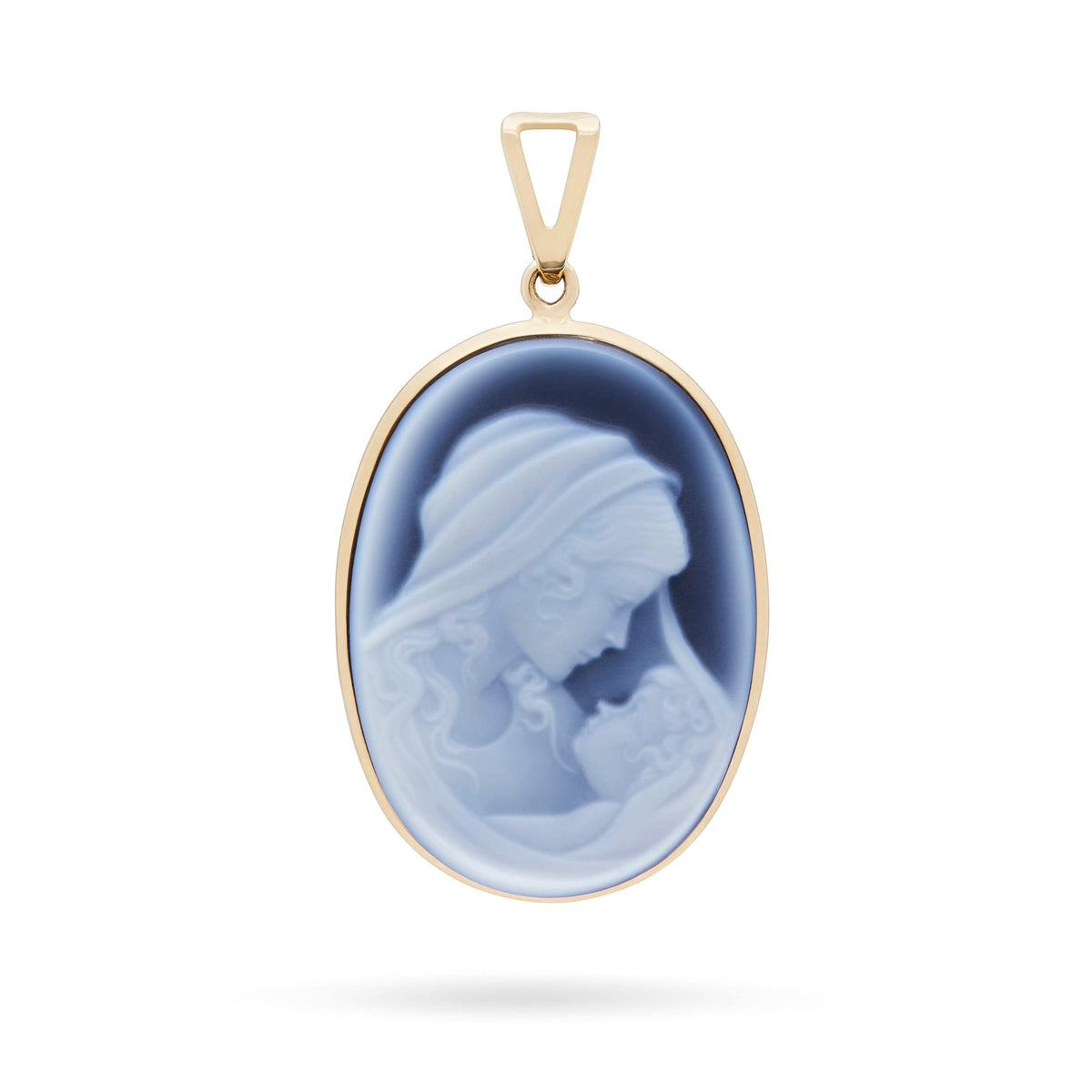 Oval Yellow Gold Pendant With Black Agate Cameo Portraying the Virgin Mary With Baby Jesus