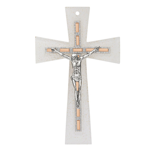 Murano Glass Crucifix with White and Brown Rhinestones
