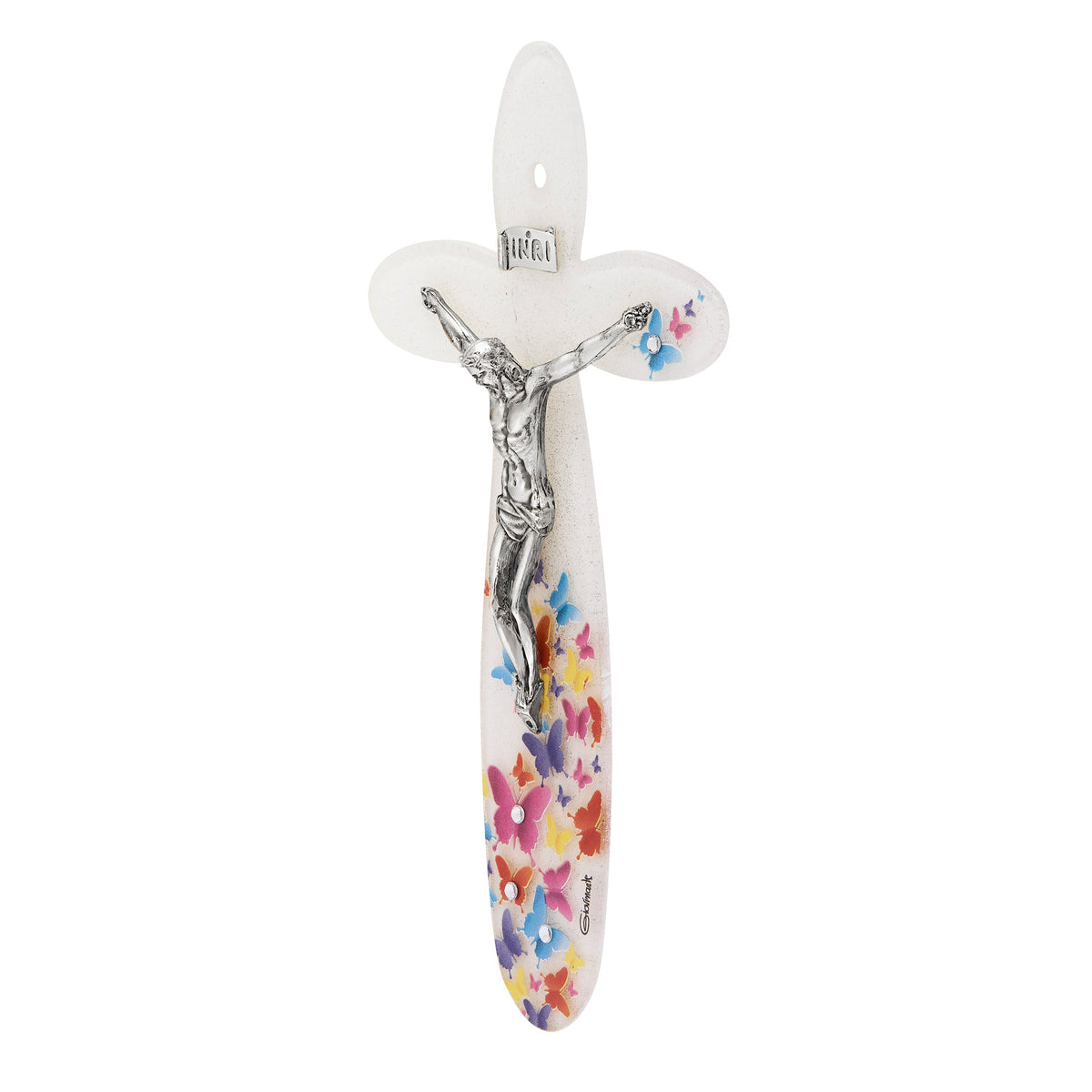 Murano Glass Rounded Crucifix with Butterflies