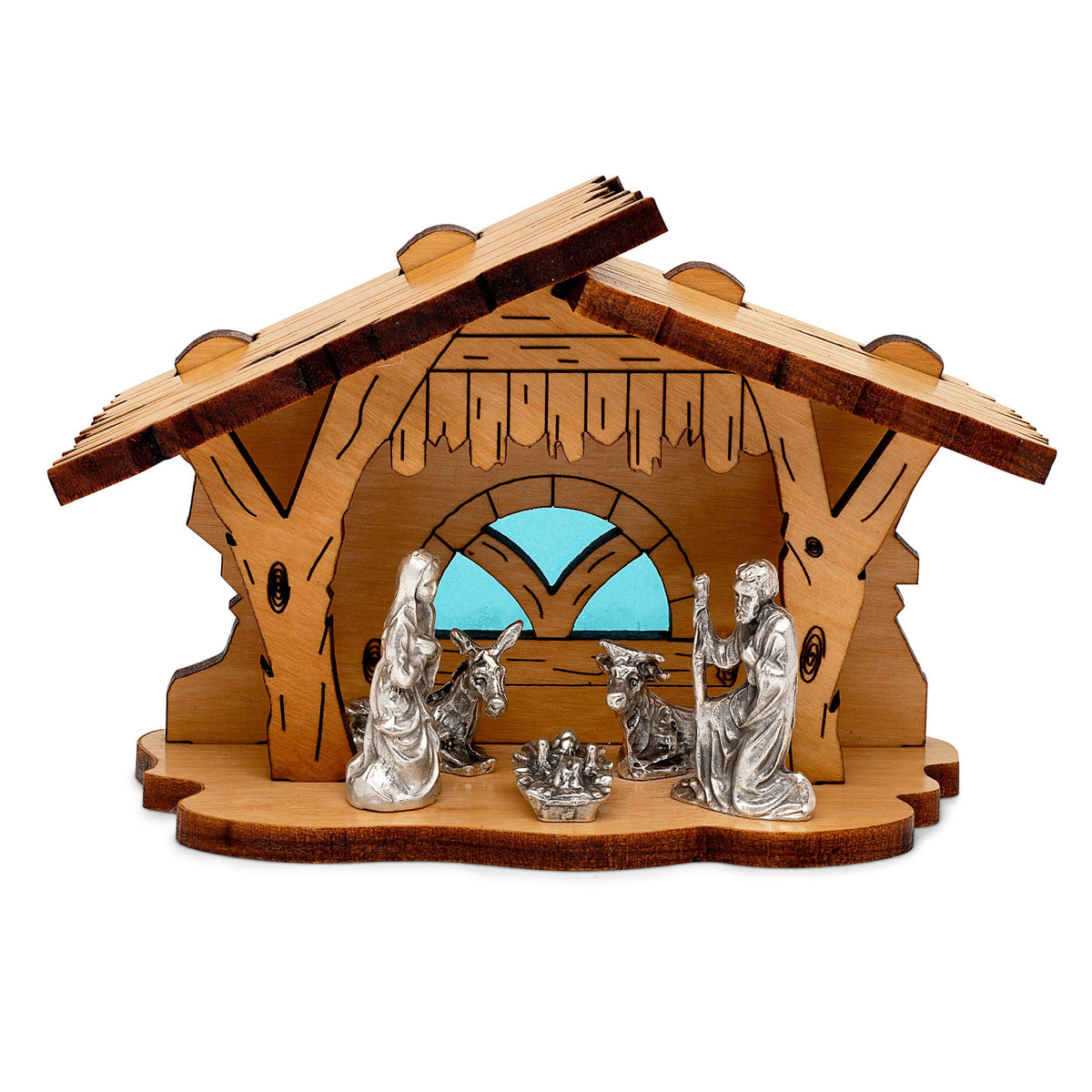 Nativity Scene With Wooden Hut and Light Blue Background