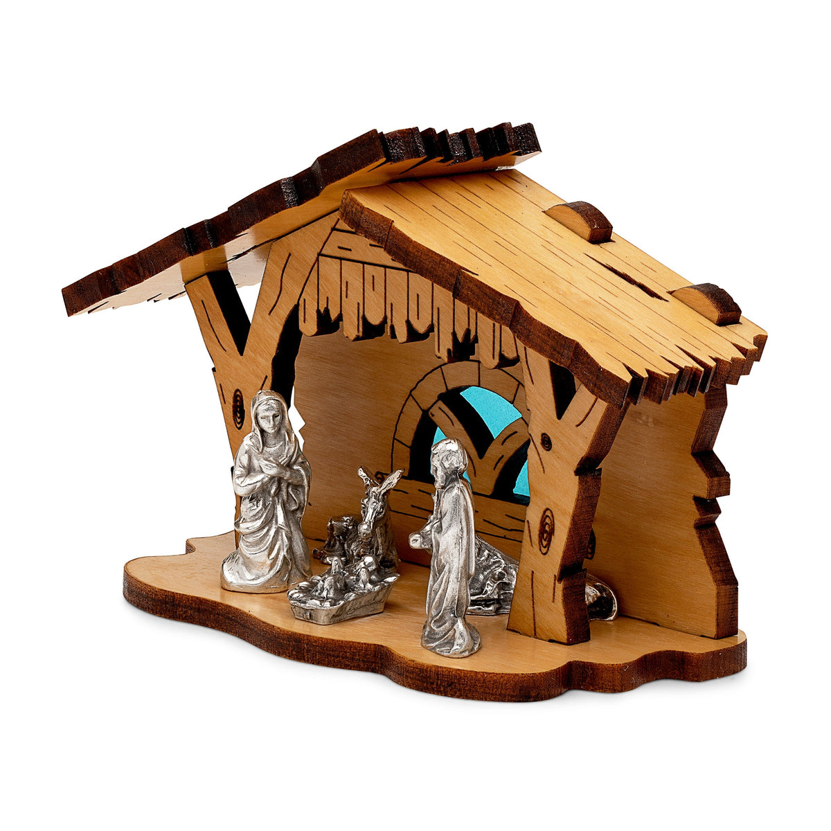 Nativity Scene With Wooden Hut and Light Blue Background